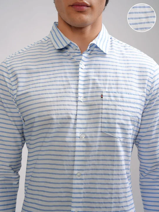 Men's Blue &amp; White Striped Casual Shirt (Full Sleeve)