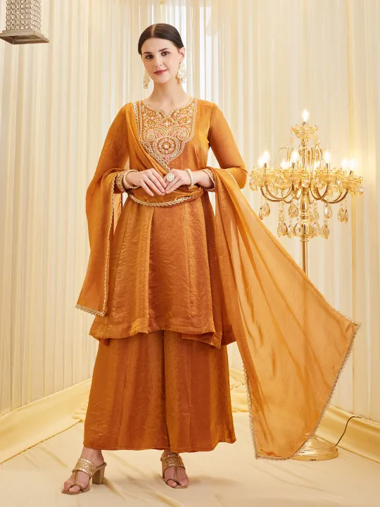 Women's Mustard Embroidered Sharara/Palazzo Suit Set with Dupatta