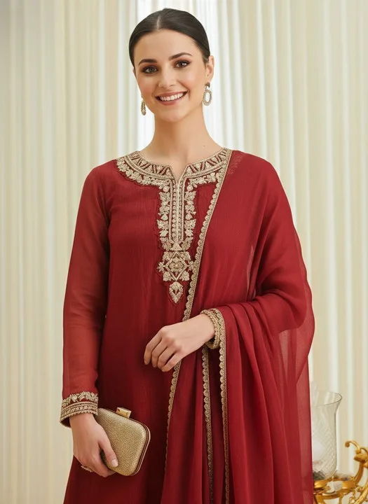 Women's Maroon Embroidered Flared Kurti with Palazzo &amp; Dupatta